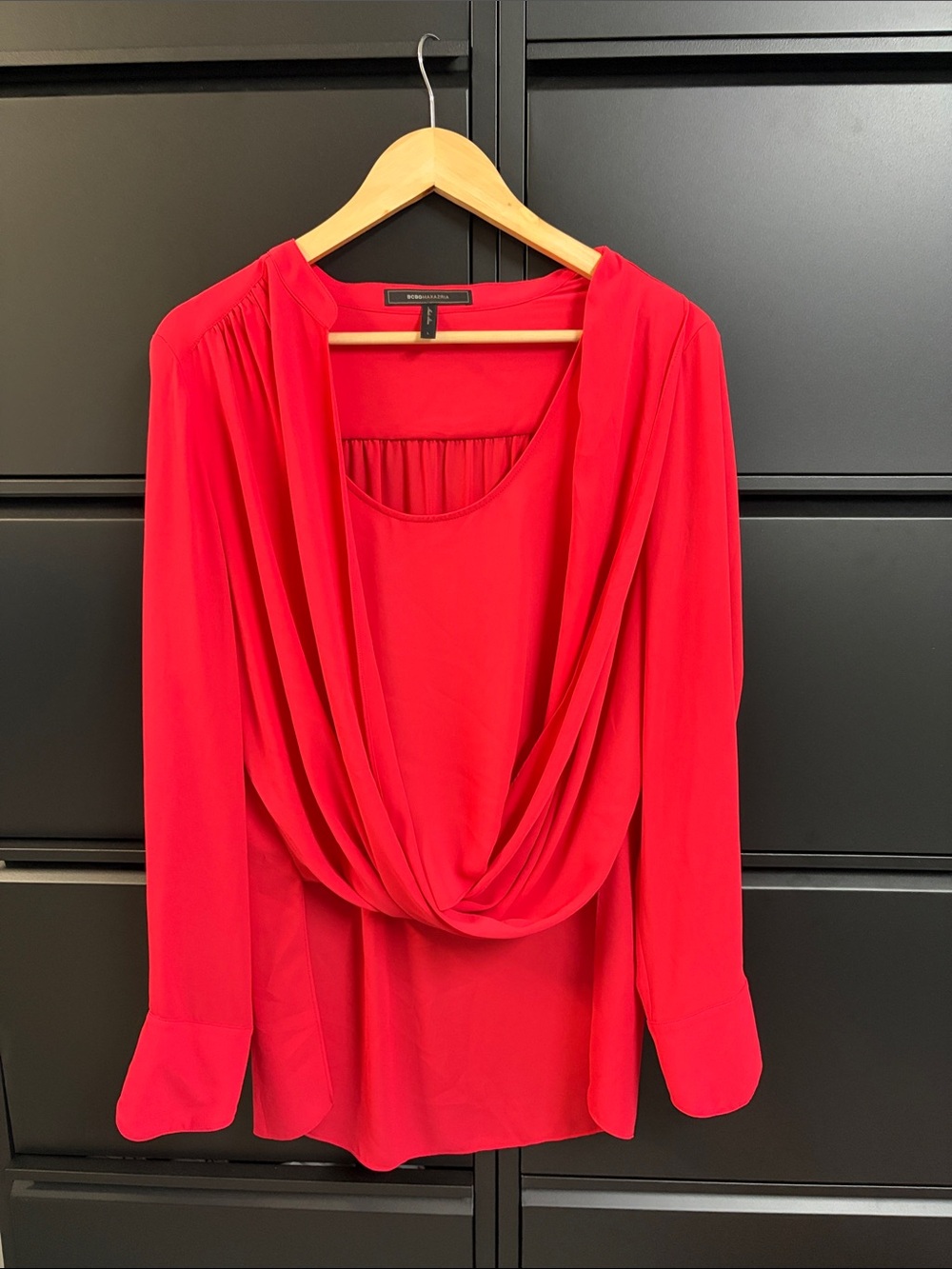 BCBGMaxAzria Red Draped Long-Sleeve Blouse